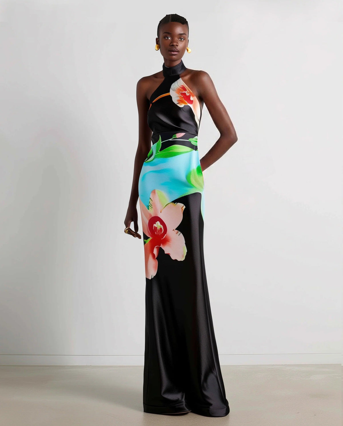 Floral Satin Halter Dress - Multicolor Black | JW PEI