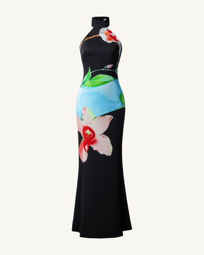 Floral Satin Halter Dress - Multicolor Black | JW PEI