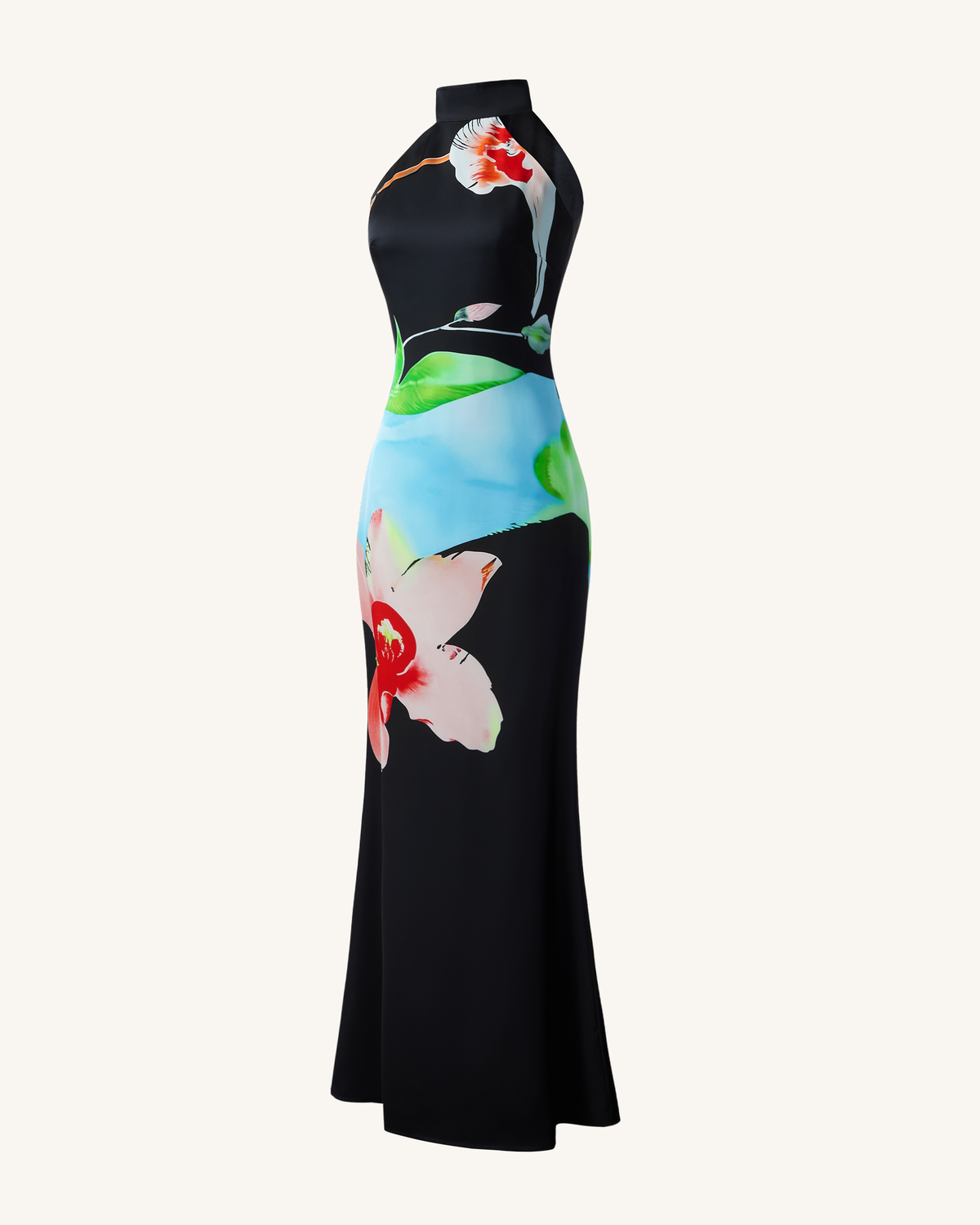 Floral Satin Halter Dress - Multicolor Black | JW PEI