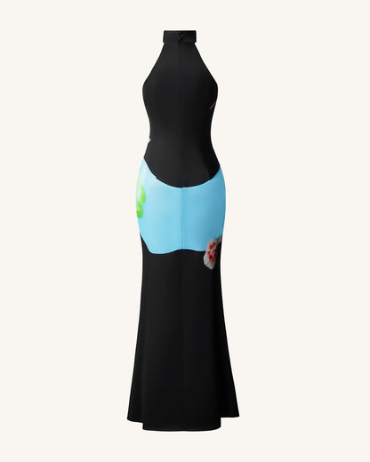 Floral Satin Halter Dress - Multicolor Black | JW PEI