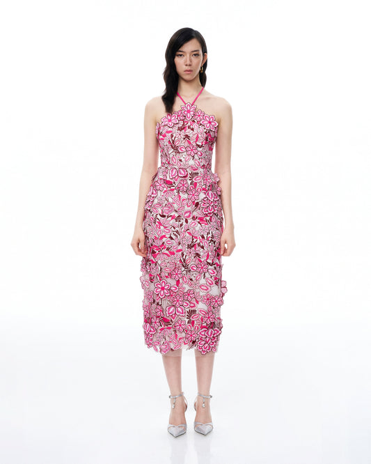 Fiora Halter Neck Floral Embroidered Maxi Dress - Rose Red | JW PEI