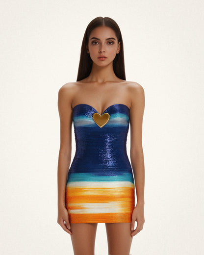 Olivia Metallic Heart Sequin Dress - Blue/Orange | JW PEI