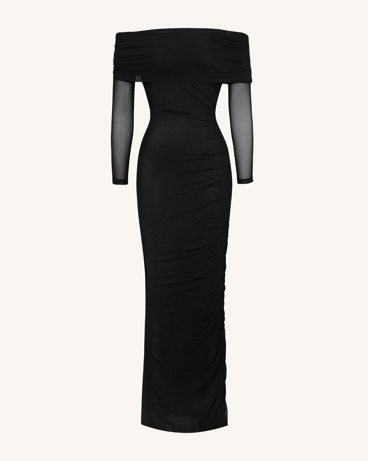 Ruched Off-Shoulder Mesh-Sleeve Mermaid Maxi Dress - Black | JW PEI