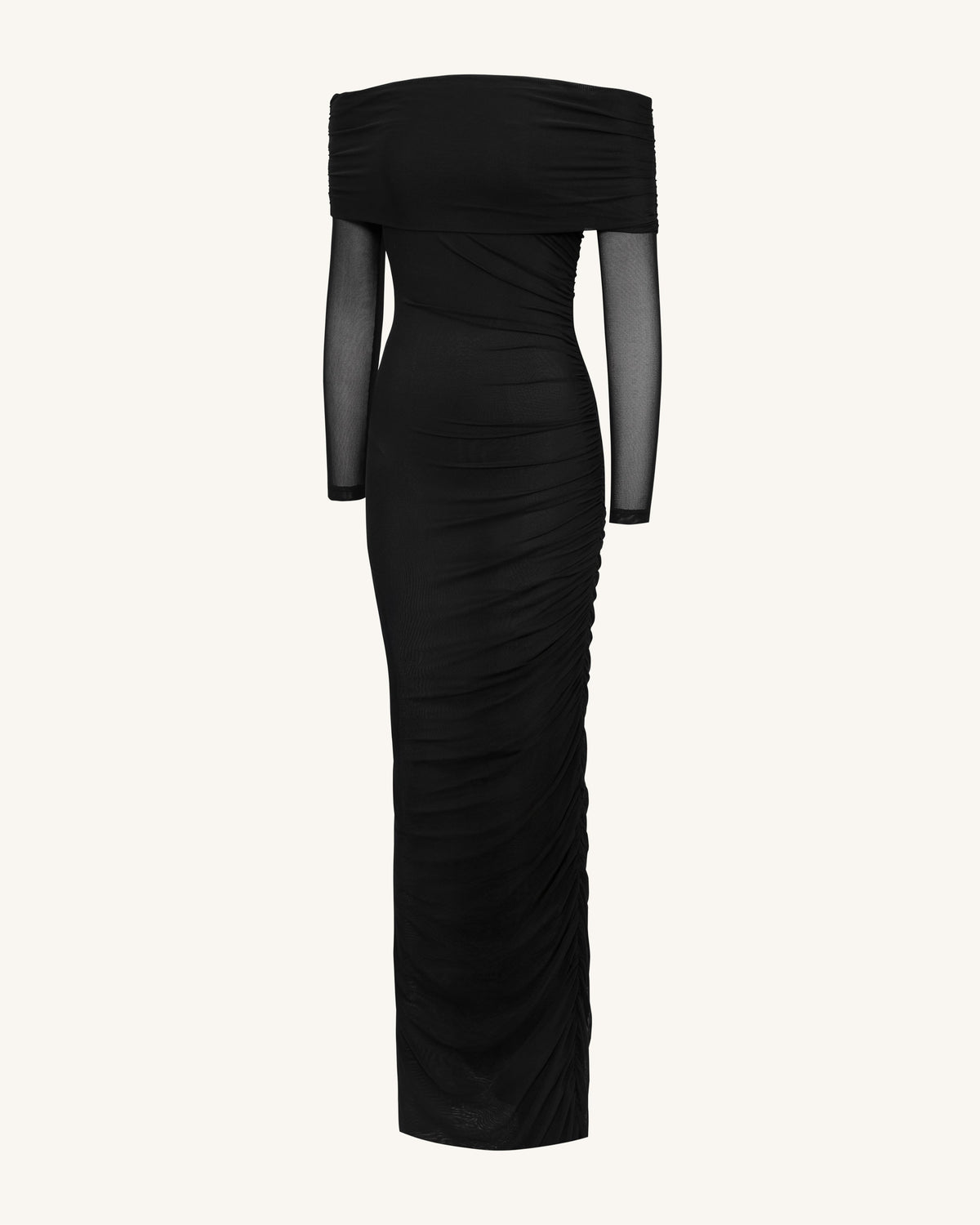 Ruched Off-Shoulder Mesh-Sleeve Mermaid Maxi Dress - Black | JW PEI