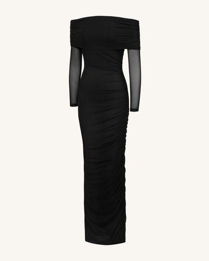 Ruched Off-Shoulder Mesh-Sleeve Mermaid Maxi Dress - Black | JW PEI