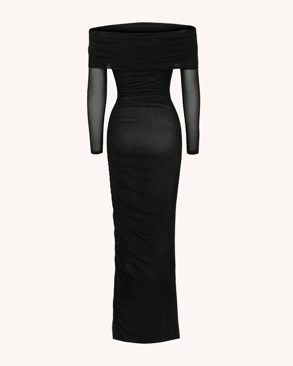 Ruched Off-Shoulder Mesh-Sleeve Mermaid Maxi Dress - Black | JW PEI