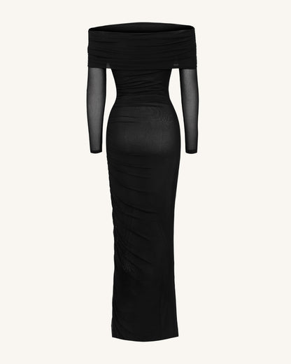Ruched Off-Shoulder Mesh-Sleeve Mermaid Maxi Dress - Black | JW PEI