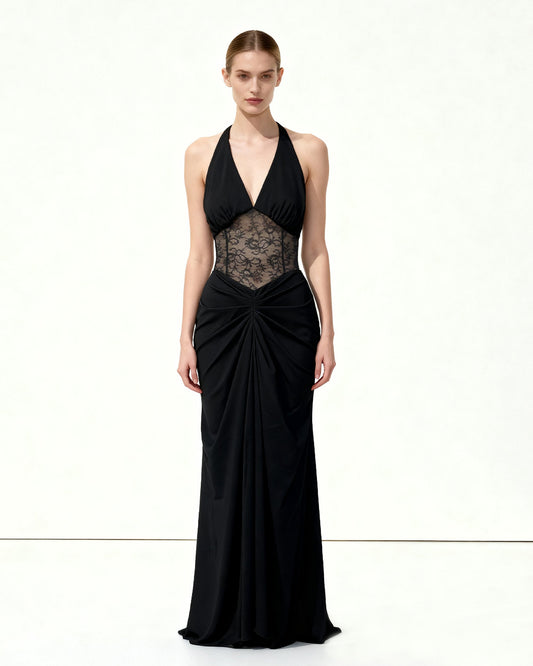 Ruched Lace Panel Maxi Dress - Black | JW PEI