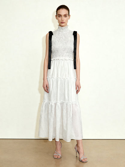 High-Neck Sleeveless Smocked Three-Tier Maxi Dress - White | JW PEI