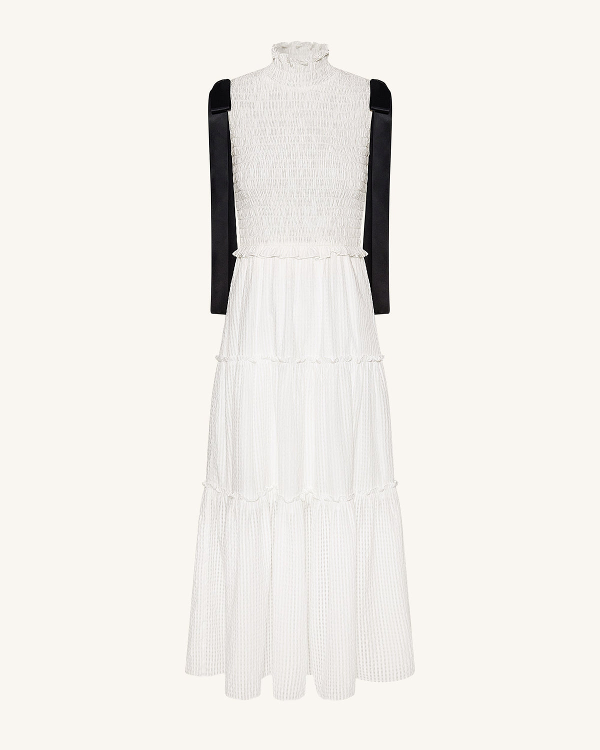 High-Neck Sleeveless Smocked Three-Tier Maxi Dress - White | JW PEI