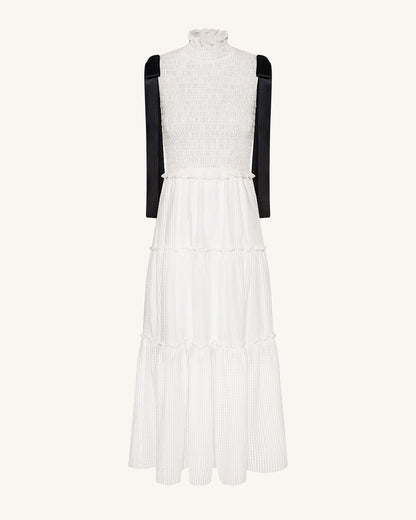 High-Neck Sleeveless Smocked Three-Tier Maxi Dress - White | JW PEI