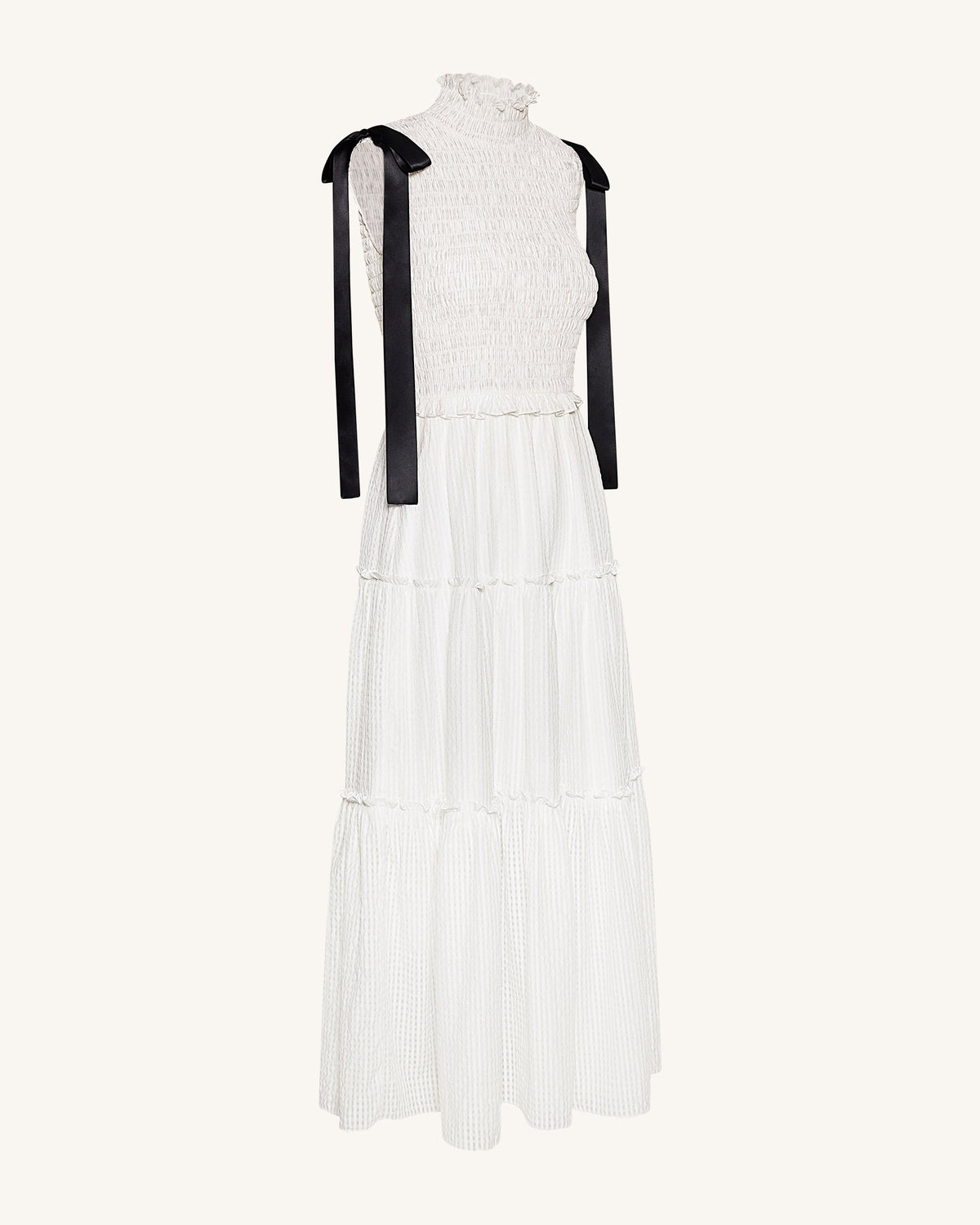 High-Neck Sleeveless Smocked Three-Tier Maxi Dress - White | JW PEI