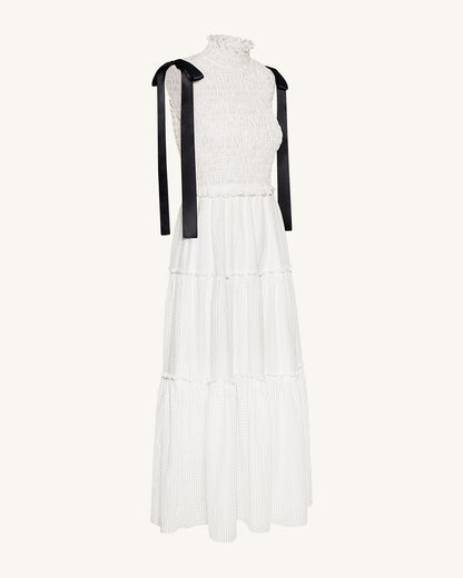 High-Neck Sleeveless Smocked Three-Tier Maxi Dress - White | JW PEI