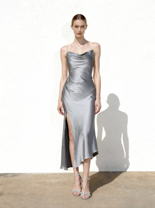 Liquid Satin Cowl-Slit Gown - Silver | JW PEI