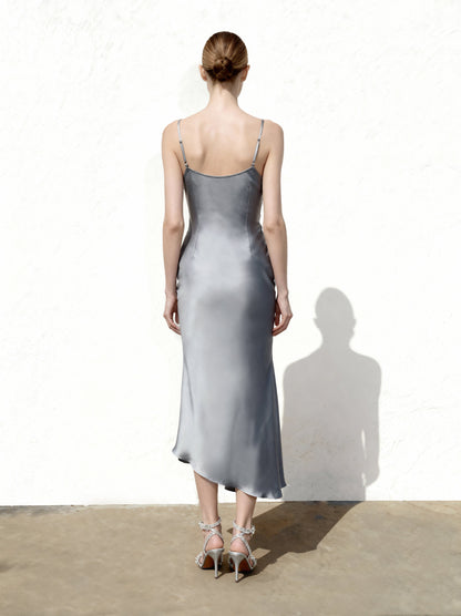 Liquid Satin Cowl-Slit Gown - Silver | JW PEI