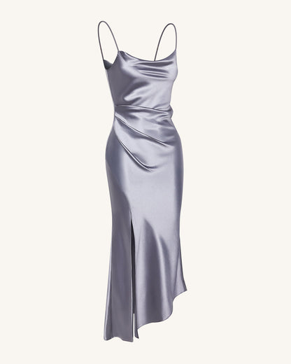 Liquid Satin Cowl-Slit Gown - Silver | JW PEI