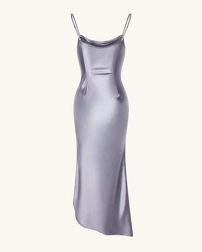 Liquid Satin Cowl-Slit Gown - Silver | JW PEI
