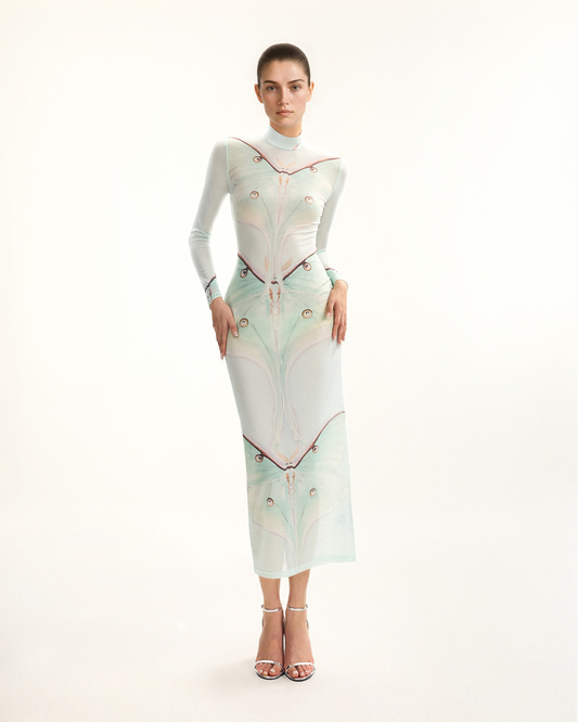 Moth Sheer Mesh Gown - Green/Beige | JW PEI