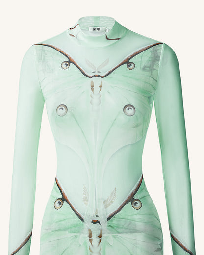Moth Sheer Mesh Gown - Green/Beige | JW PEI