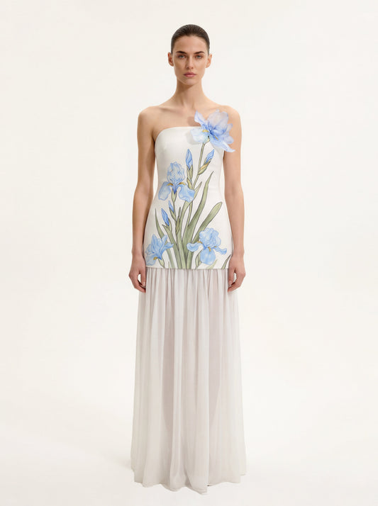 Floral Print Strapless Mixed Maxi Dress - Ivory | JW PEI