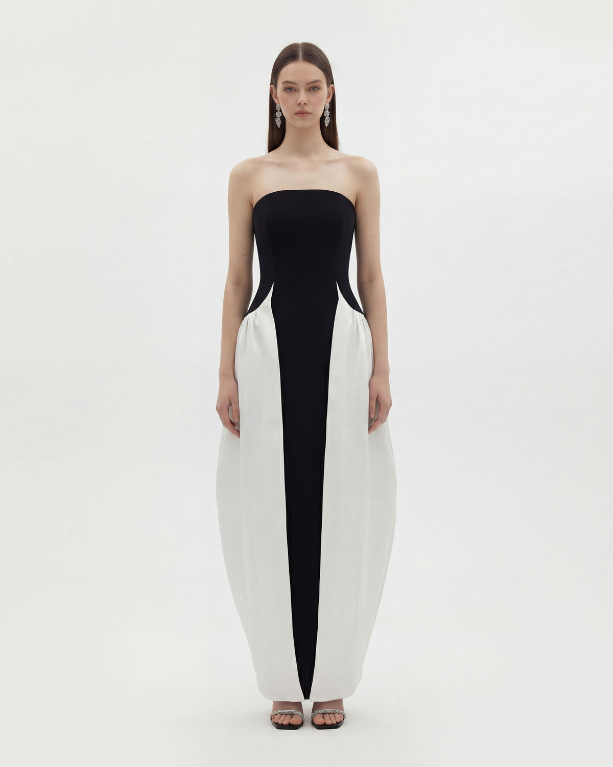 Monochrome Paneled Strapless Sculptural Maxi Dress - Black | JW PEI