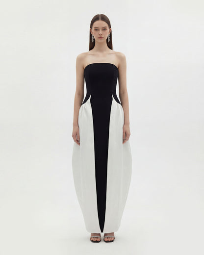 Monochrome Paneled Strapless Sculptural Maxi Dress - Black | JW PEI