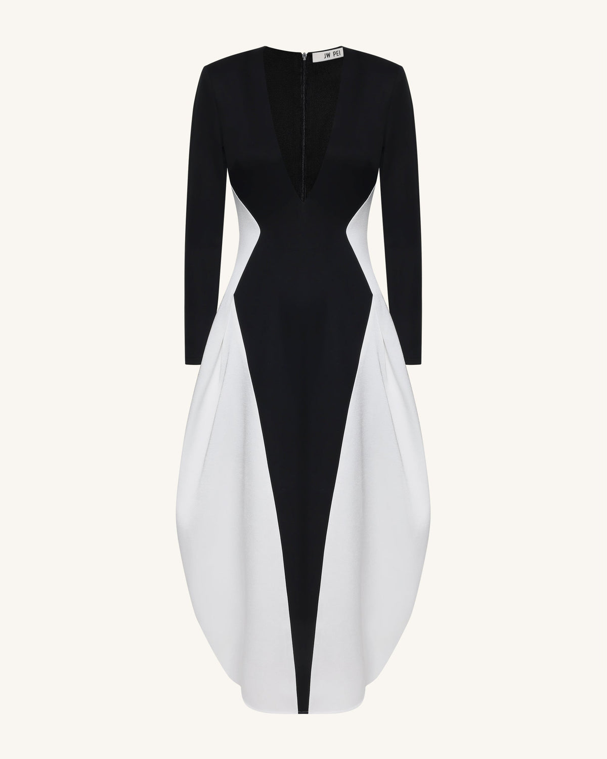 Monochrome Paneled Plunging V-Neck Long-Sleeve Maxi Dress - Black | JW PEI