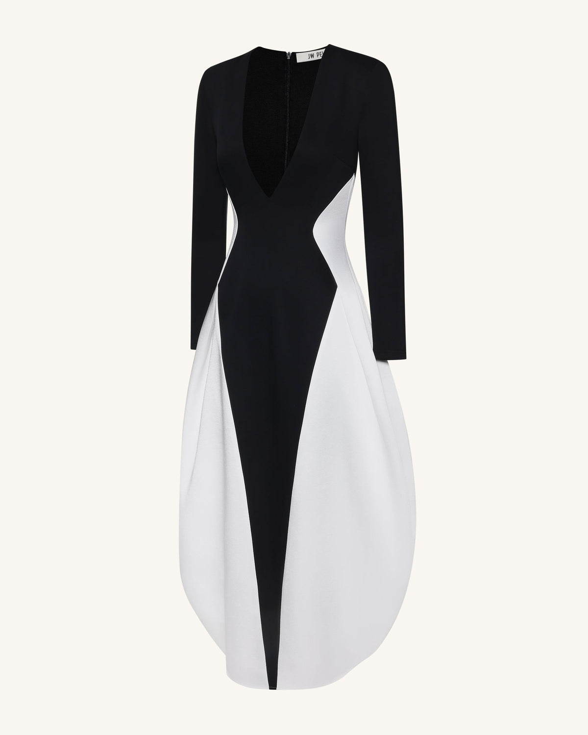 Monochrome Paneled Plunging V-Neck Long-Sleeve Maxi Dress - Black | JW PEI