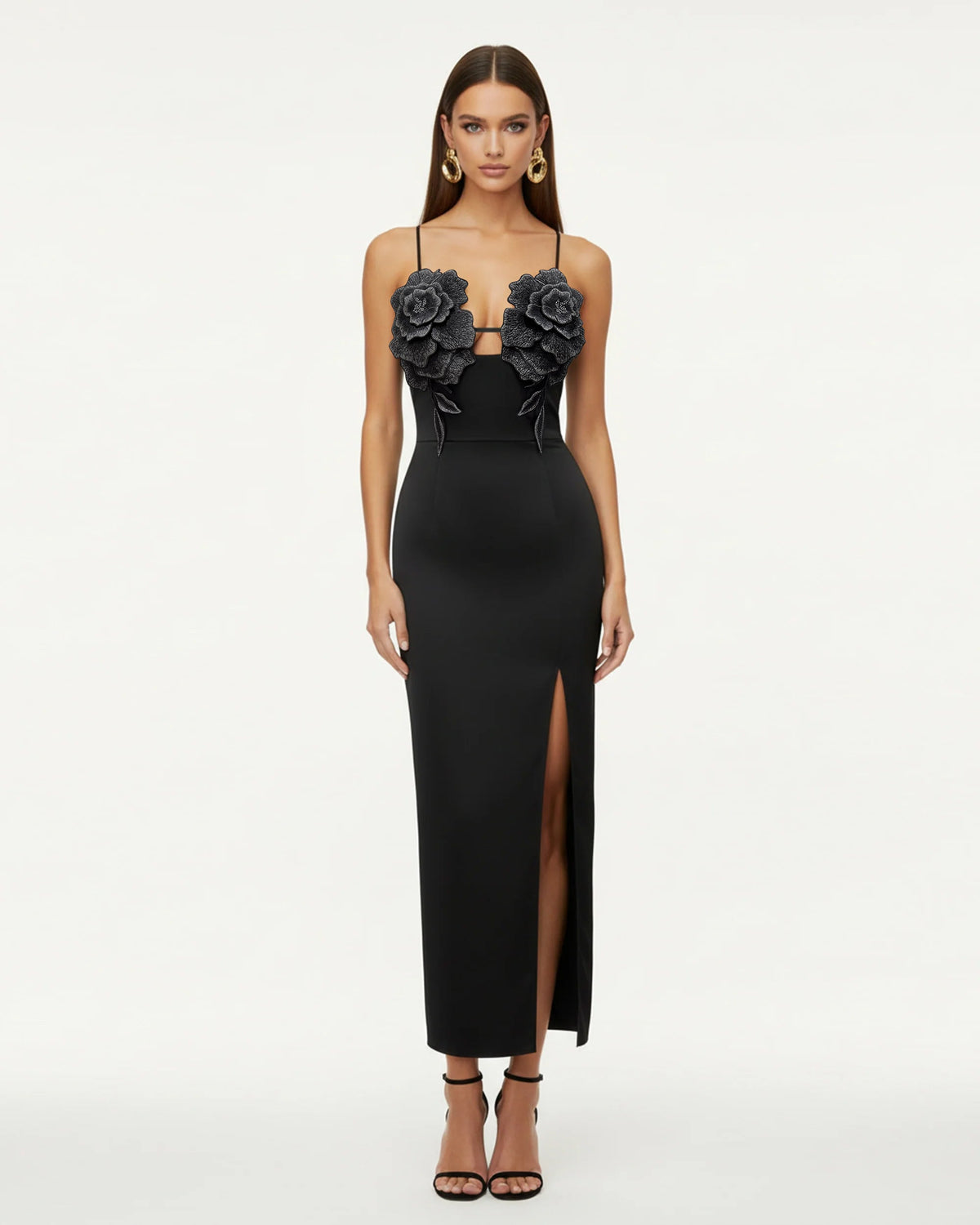 3D Floral Strappy Maxi Dress - Black | JW PEI