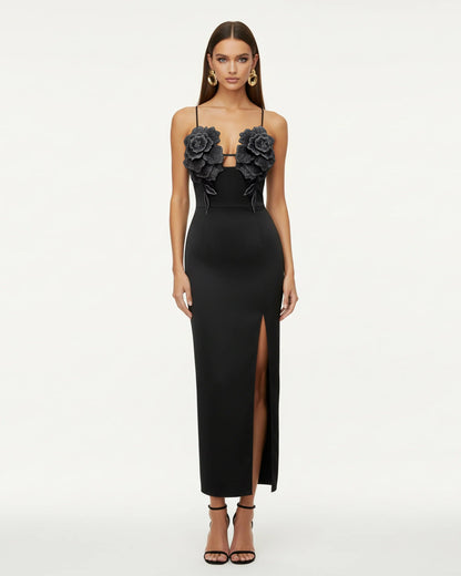 3D Floral Strappy Maxi Dress - Black | JW PEI