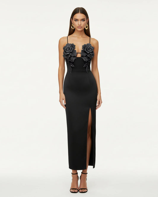 3D Floral Strappy Maxi Dress - Black | JW PEI