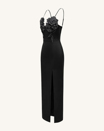 3D Floral Strappy Maxi Dress - Black | JW PEI