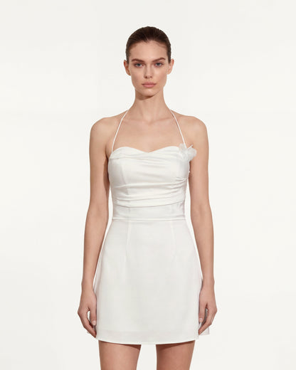Floral Ruched Halter Mini Dress - White | JW PEI