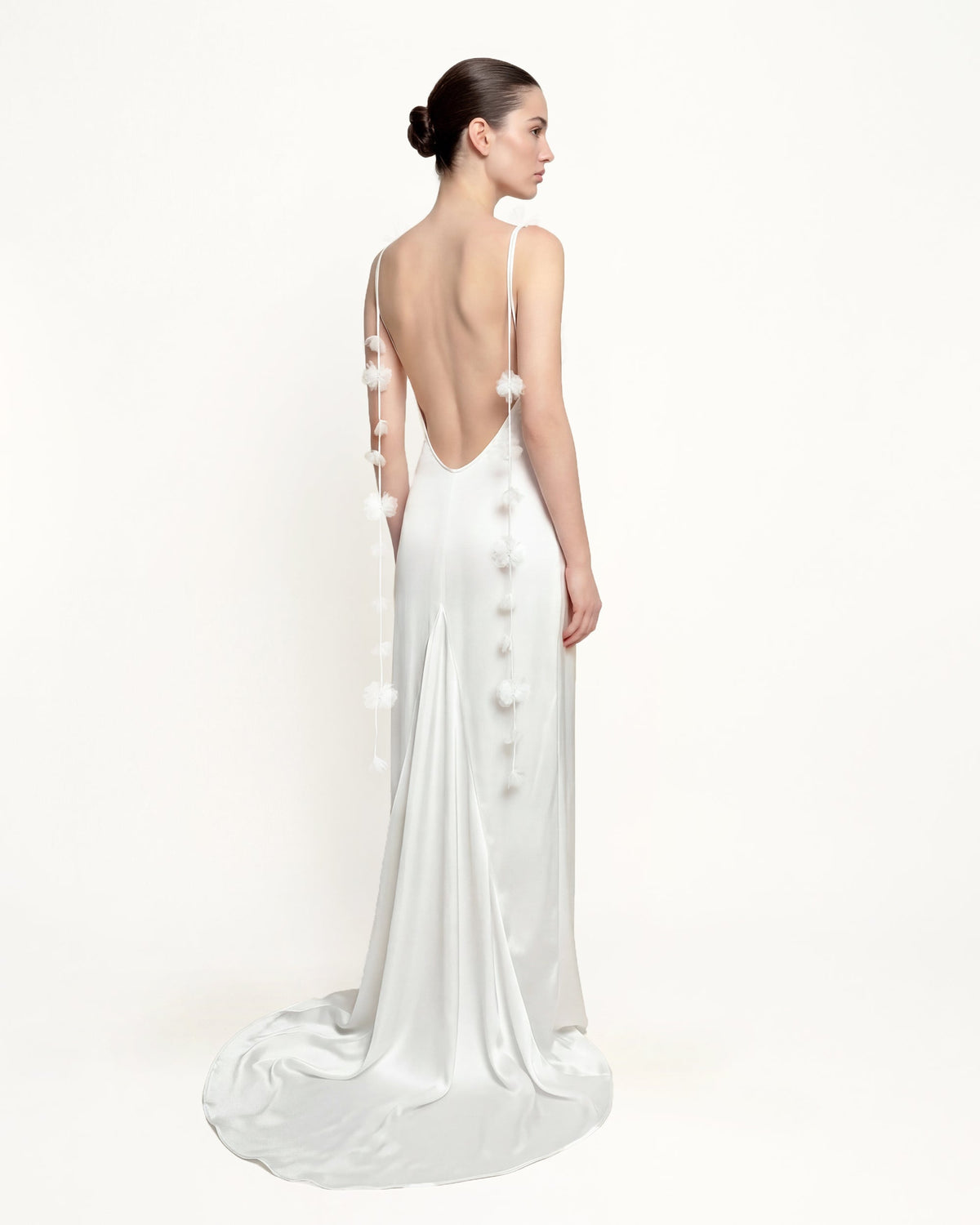 Satin Strappy Maxi Dress with Floral Streamers - White | JW PEI