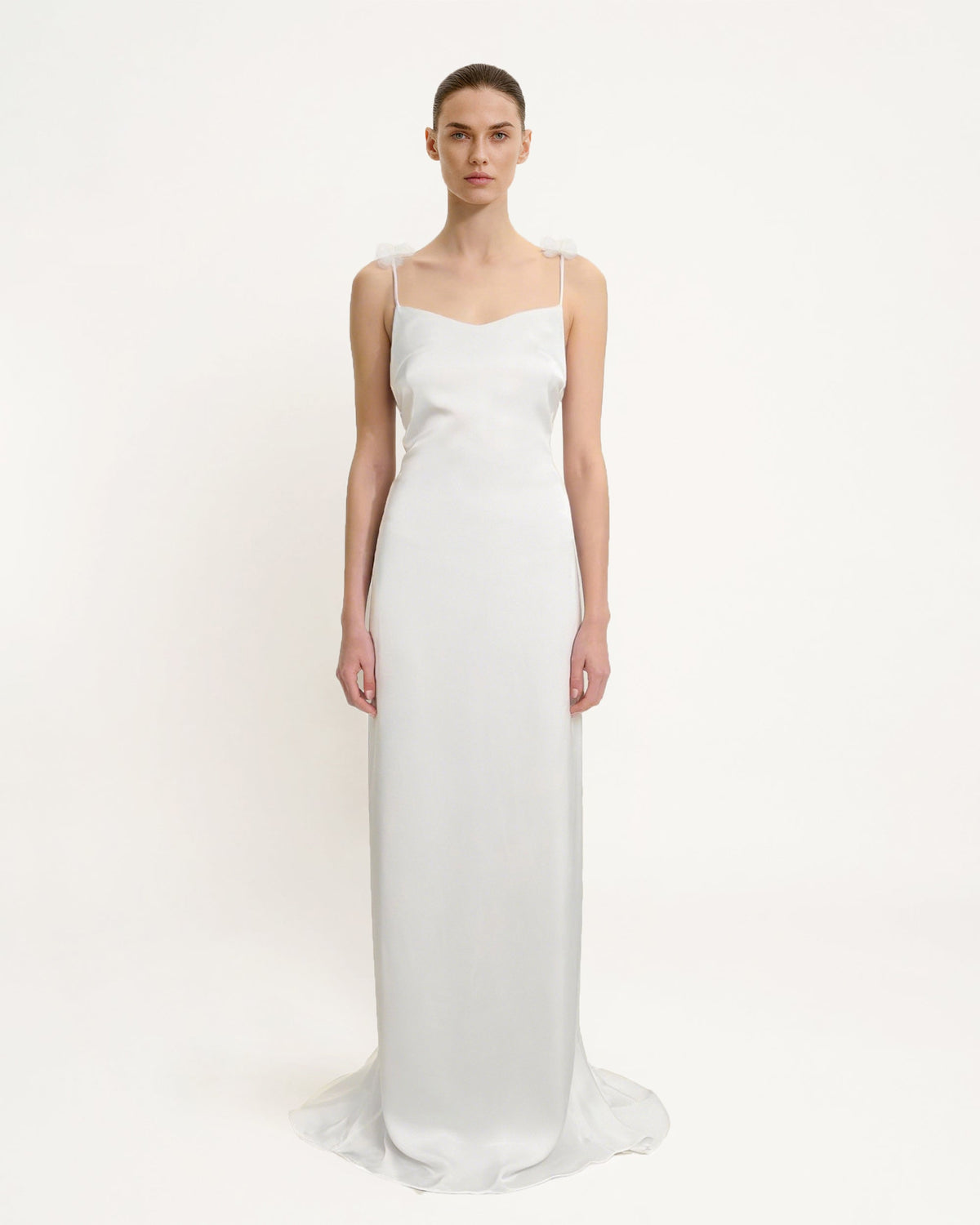 Satin Strappy Maxi Dress with Floral Streamers - White | JW PEI