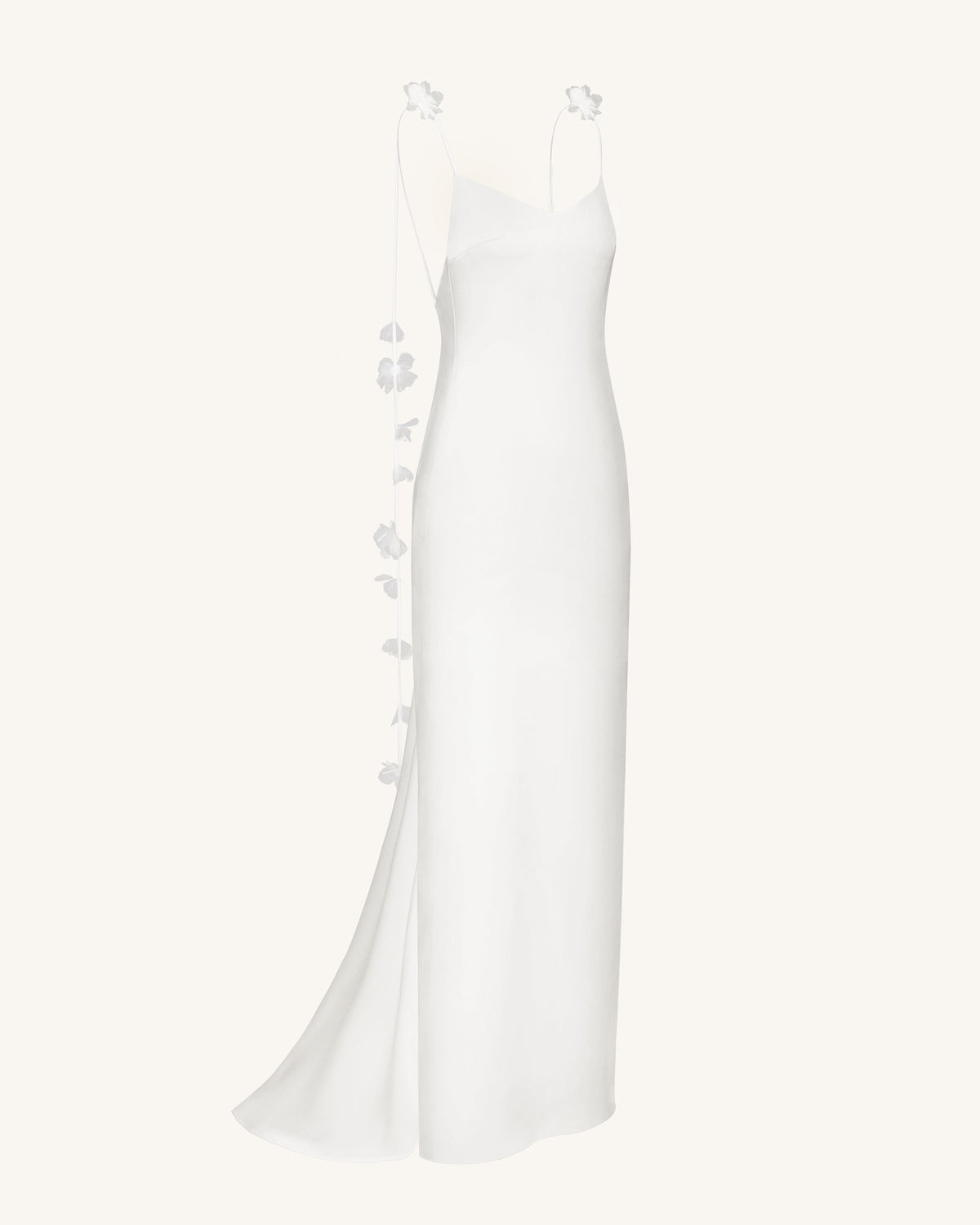 Satin Strappy Maxi Dress with Floral Streamers - White | JW PEI