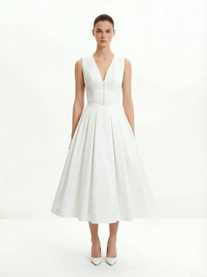 Front V-Neck Pleated Midi Dress - White | JW PEI