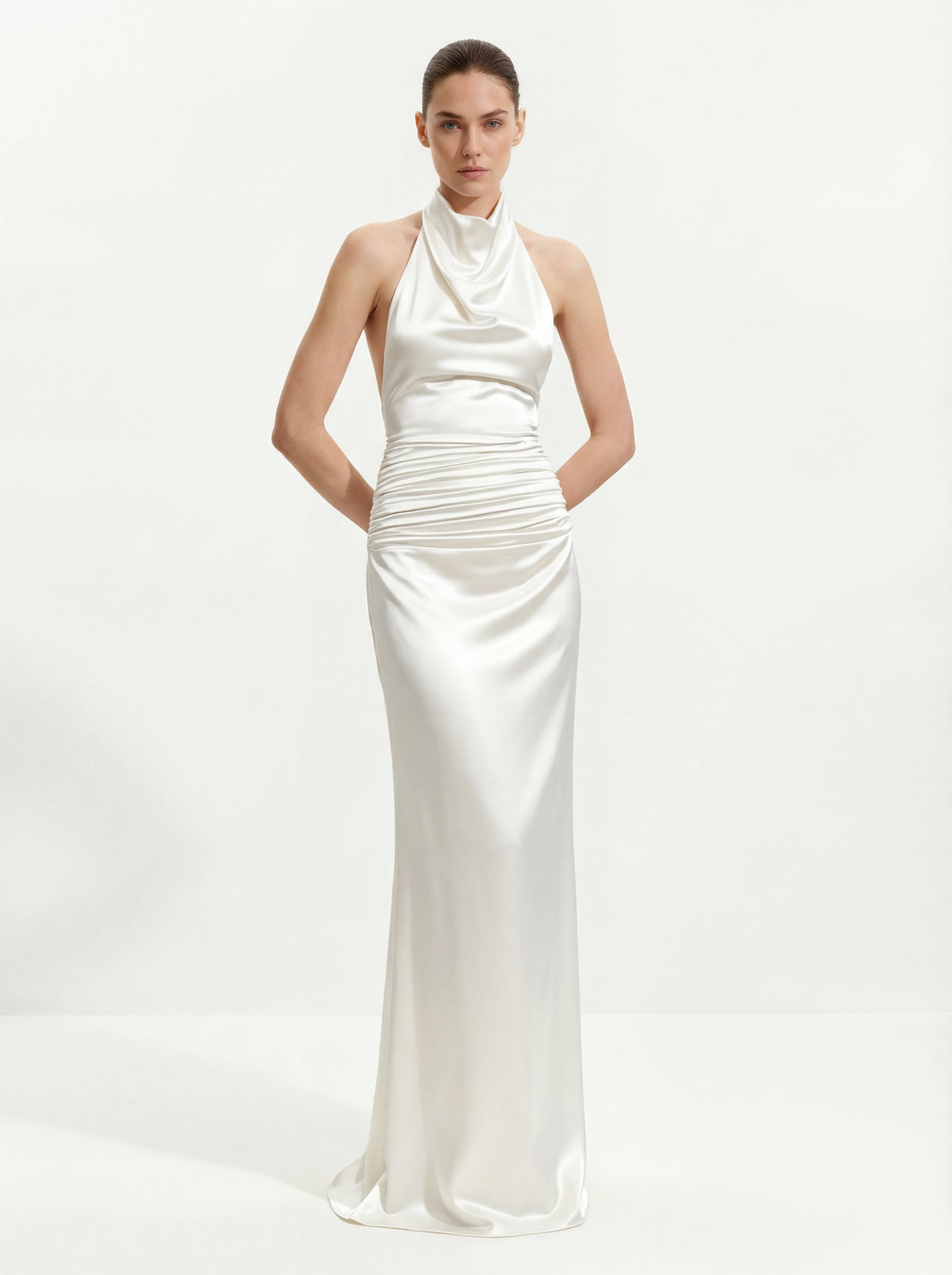 Satin Cowl Neck Ruched Maxi Gown - White | JW PEI