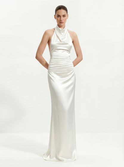 Satin Cowl Neck Ruched Maxi Gown - White | JW PEI