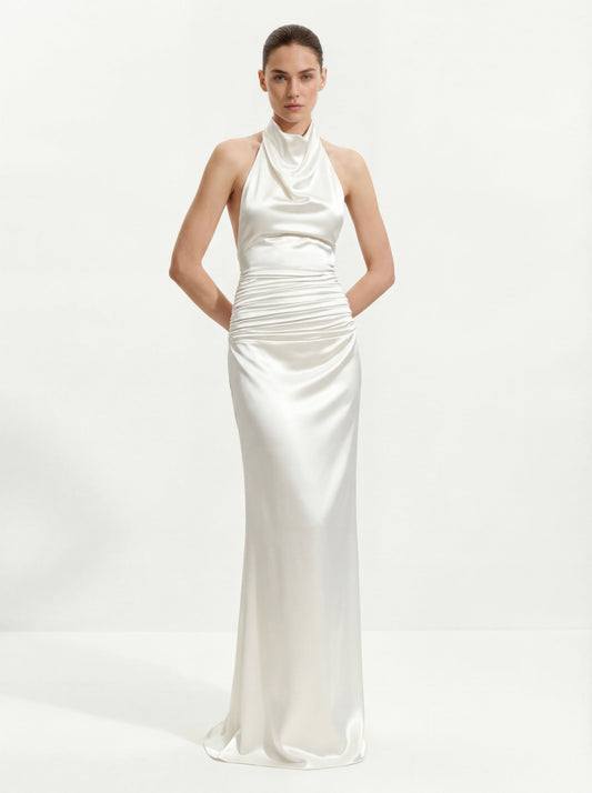 Satin Cowl Neck Ruched Maxi Gown - White | JW PEI