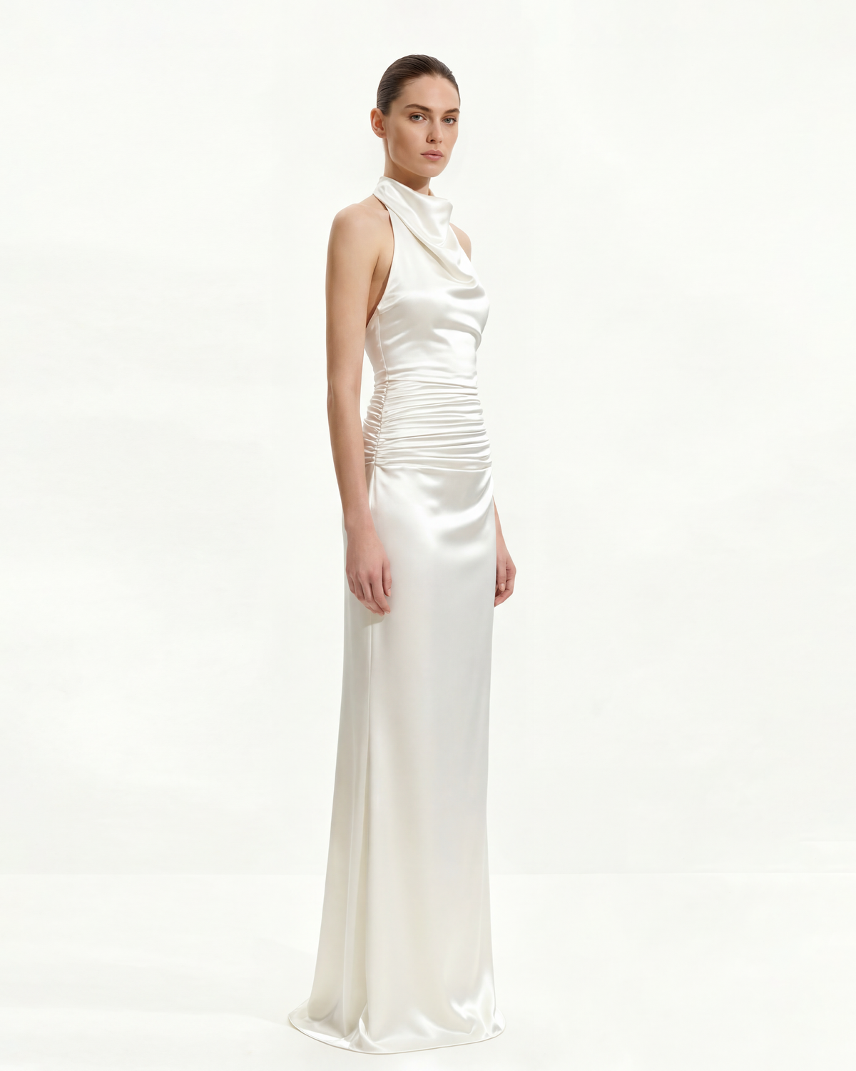 Satin Cowl Neck Ruched Maxi Gown - White | JW PEI