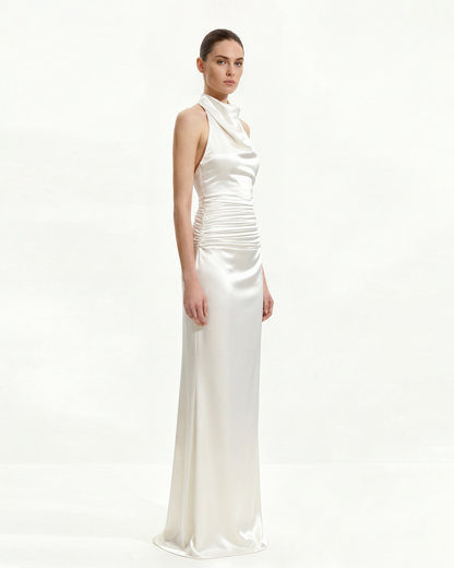 Satin Cowl Neck Ruched Maxi Gown - White | JW PEI