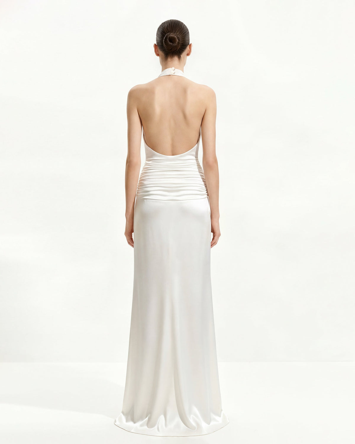 Satin Cowl Neck Ruched Maxi Gown - White | JW PEI