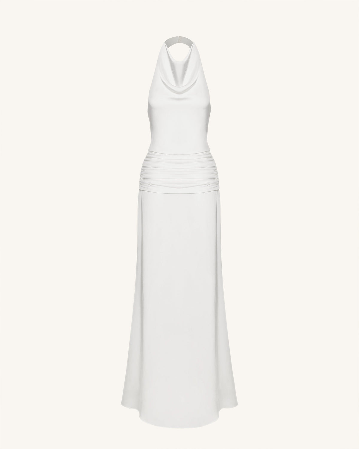 Satin Cowl Neck Ruched Maxi Gown - White | JW PEI