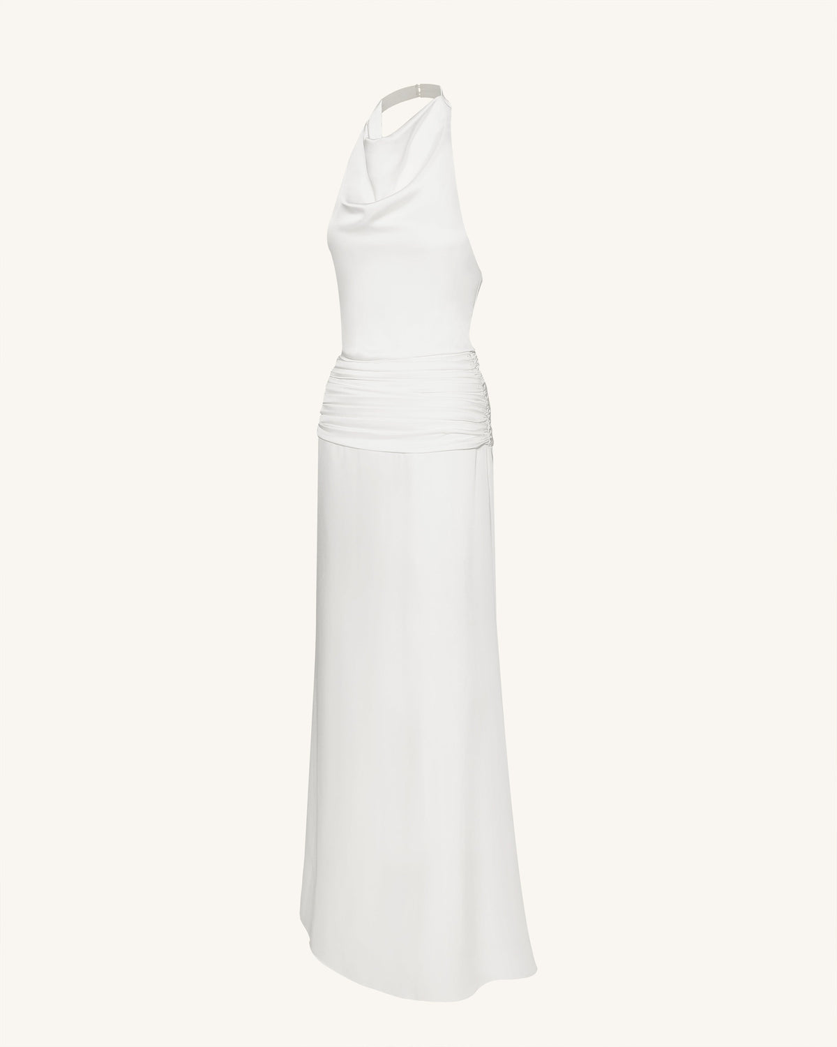 Satin Cowl Neck Ruched Maxi Gown - White | JW PEI