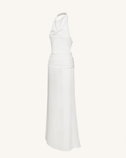 Satin Cowl Neck Ruched Maxi Gown - White | JW PEI