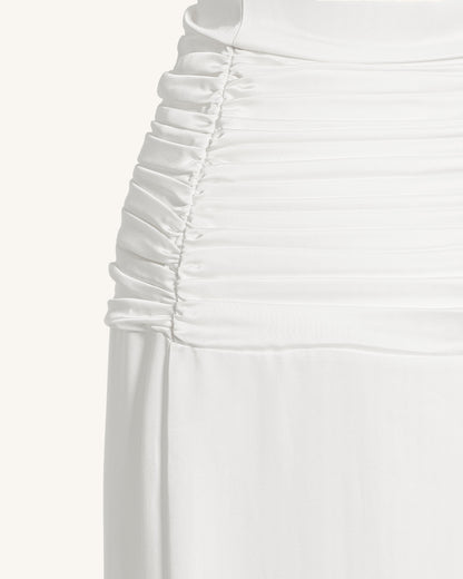 Satin Cowl Neck Ruched Maxi Gown - White | JW PEI