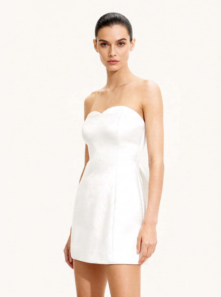 Satin Strapless Bow-Back Mini Dress - White | JW PEI