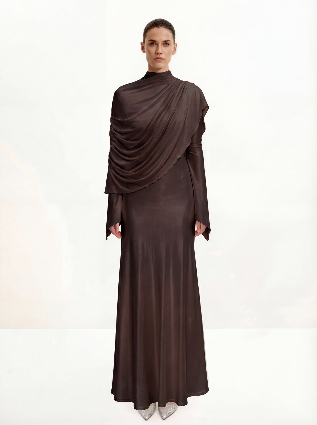 Sheer Shawl Ruched Bodycon Maxi Gown - Brown | JW PEI