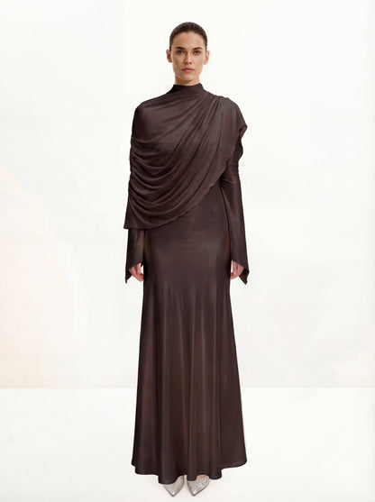 Sheer Shawl Ruched Bodycon Maxi Gown - Brown | JW PEI